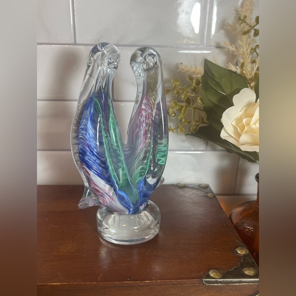 Vintage Murano Multi Coloured Glass Handblown Pair of Love Penguins Italy Marked